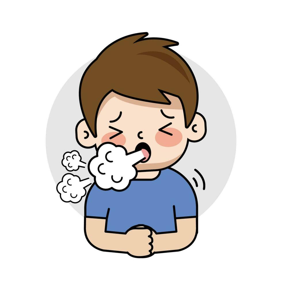 liten pojke hosta lidande från kall och influensa som symptom av allergi eller virus infektion vektor
