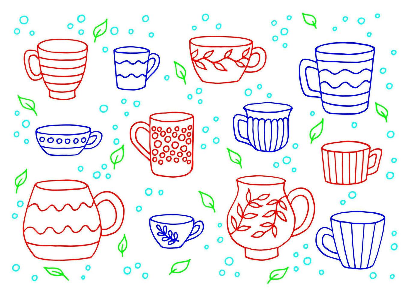 handgezeichneter Becher. Set Tassen im Doodle-Stil. Vektor-Illustration isoliert auf weißem Hintergrund. vektor