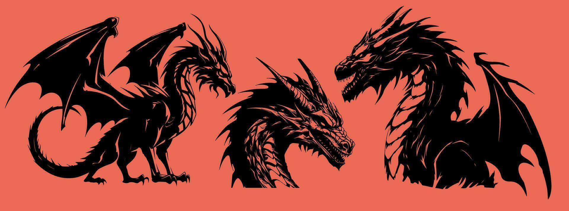 Grafik Silhouette von schwarz Drachen isoliert auf rot Hintergrund. Vektor Illustration .