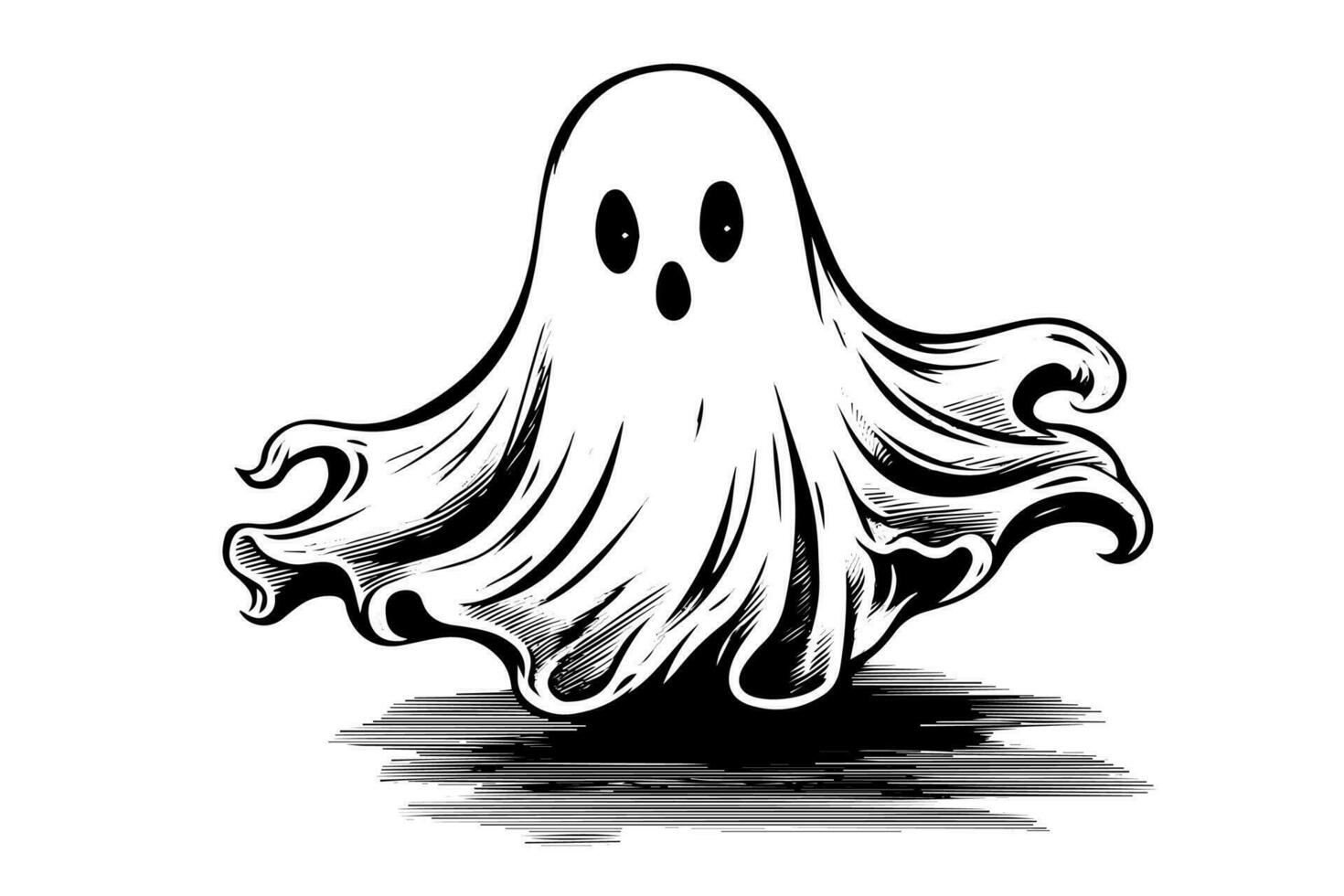 hand dragen halloween skrämmande flygande spöke vektor gravyr stil illustration.