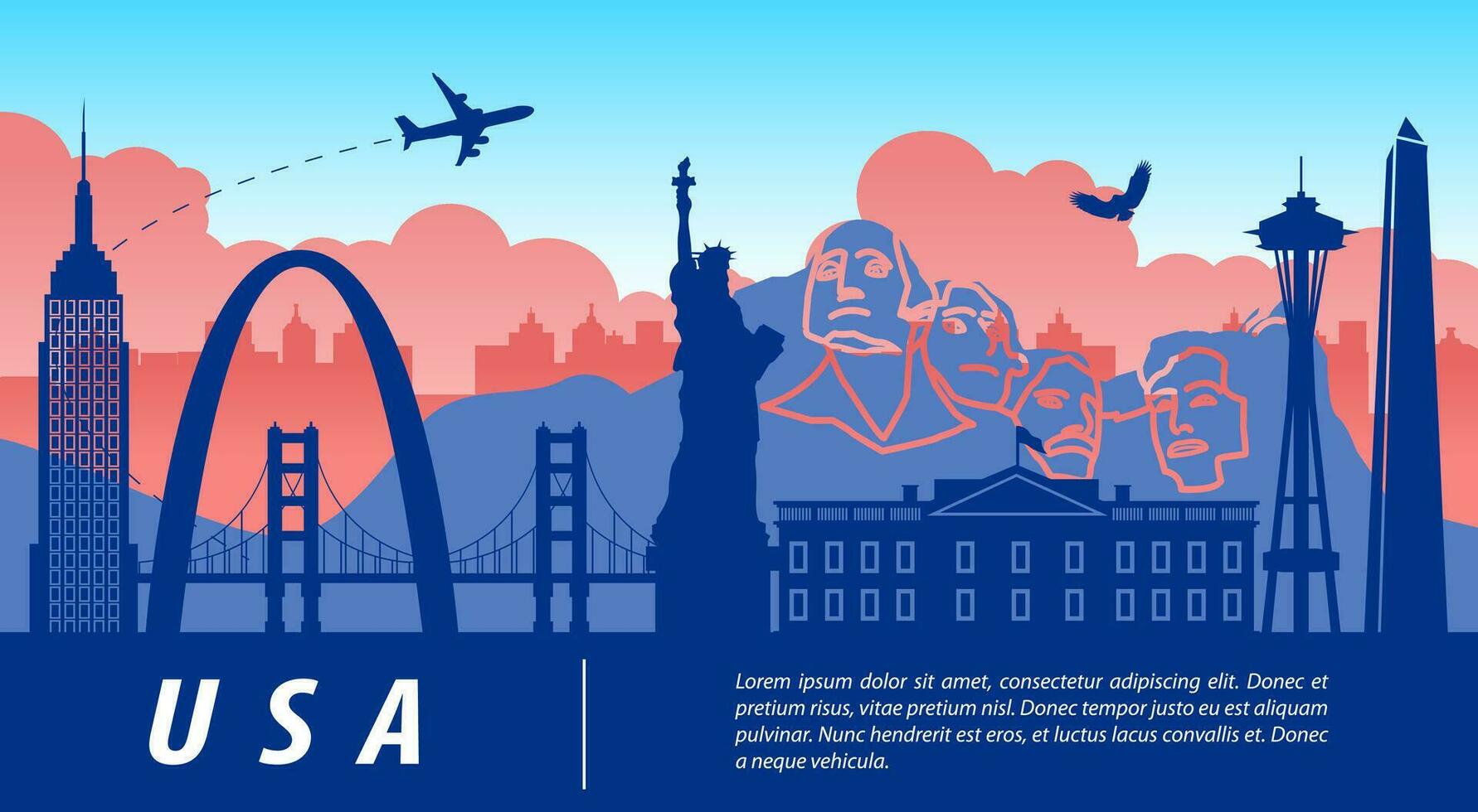 USA berühmt Wahrzeichen Silhouette Stil mit Reise und durch Flagge Farbe Design Tourismus vektor