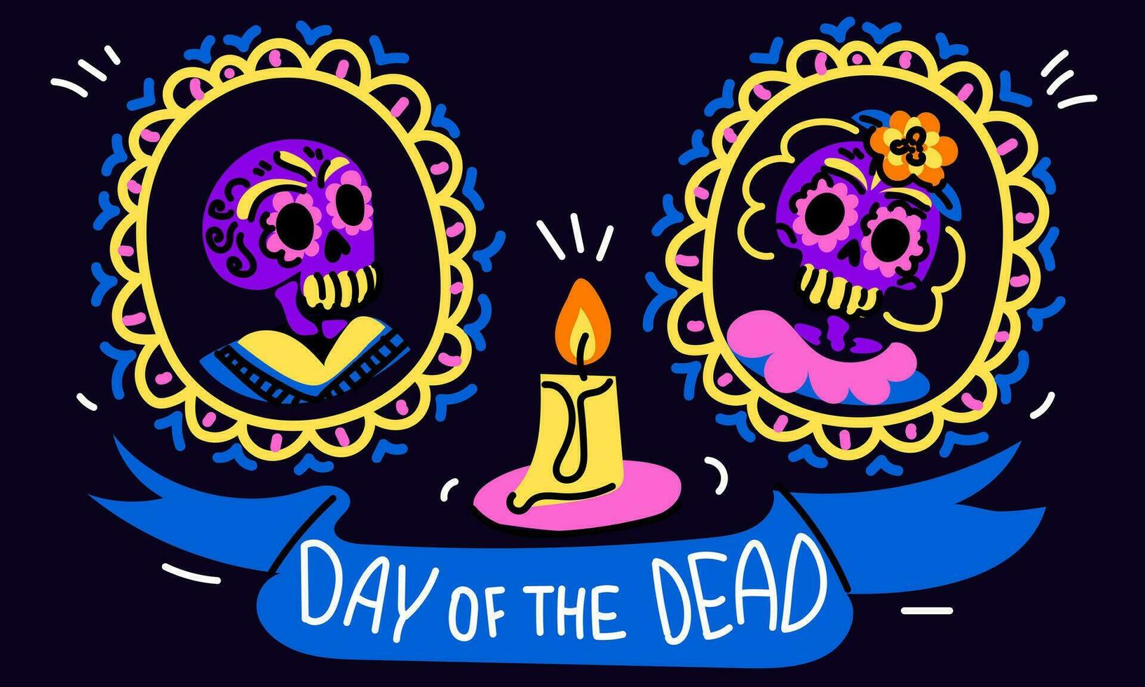 Vektor Postkarte mit ein Illustration von das Mexikaner Urlaub dia de Muertos. ein Postkarte mit traditionell gerahmt Familie Porträts, ein Denkmal Kerze und das Inschrift Tag von das tot auf ein Blau