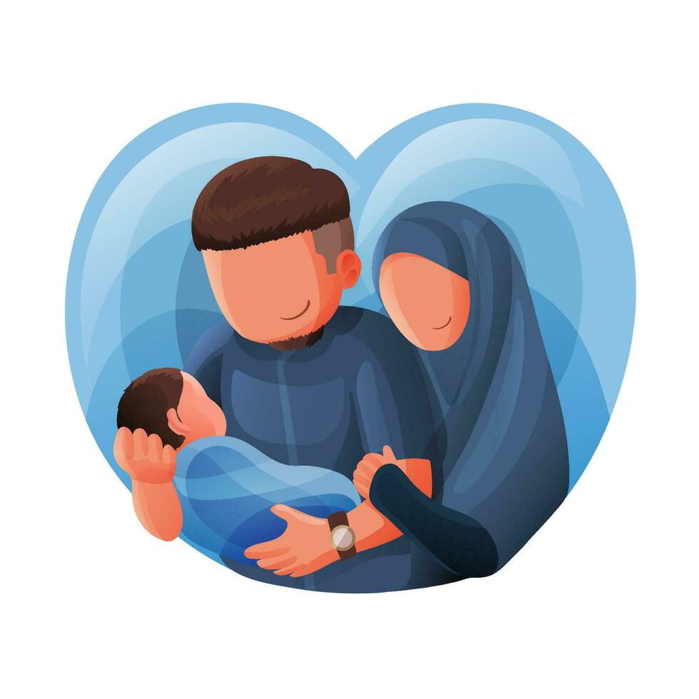 muslim man bära nyfödd bebis i hans ärm med hans fru bär hijab bredvid honom vektor