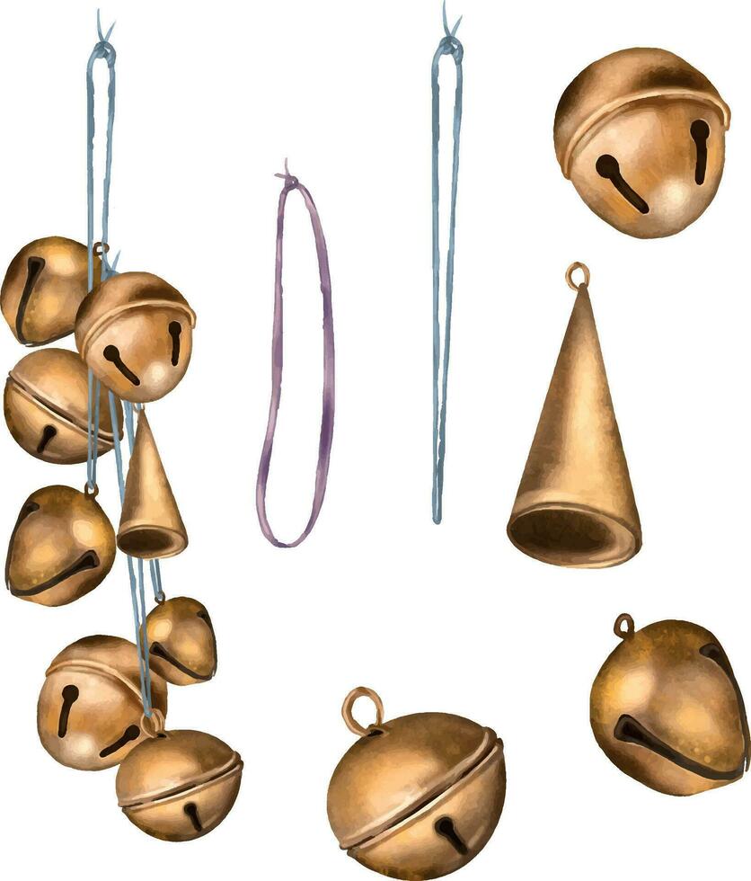 einstellen von Weihnachten Bronze- Glocken Digital Illustration Aquarell Stil isoliert auf Weiß. Rentier Glocke, Weihnachten Symbol, Metall Dekoration Hand gezeichnet. Element zum Design Neu Jahr Design, drucken. vektor