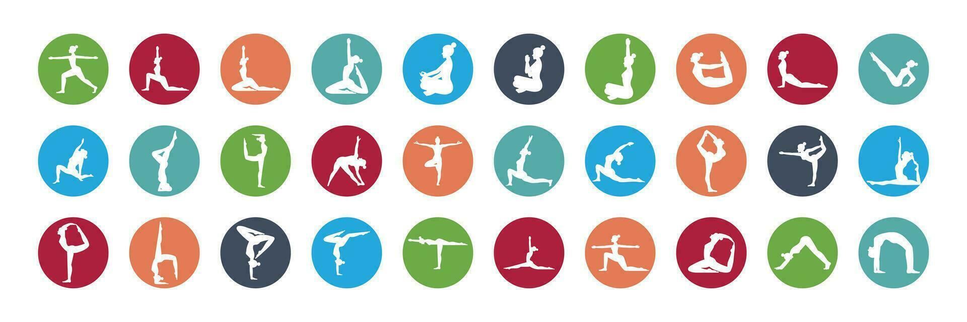 kvinnor silhuetter. samling av yoga poserar. vit kvinna i färgad cirkel. vektor