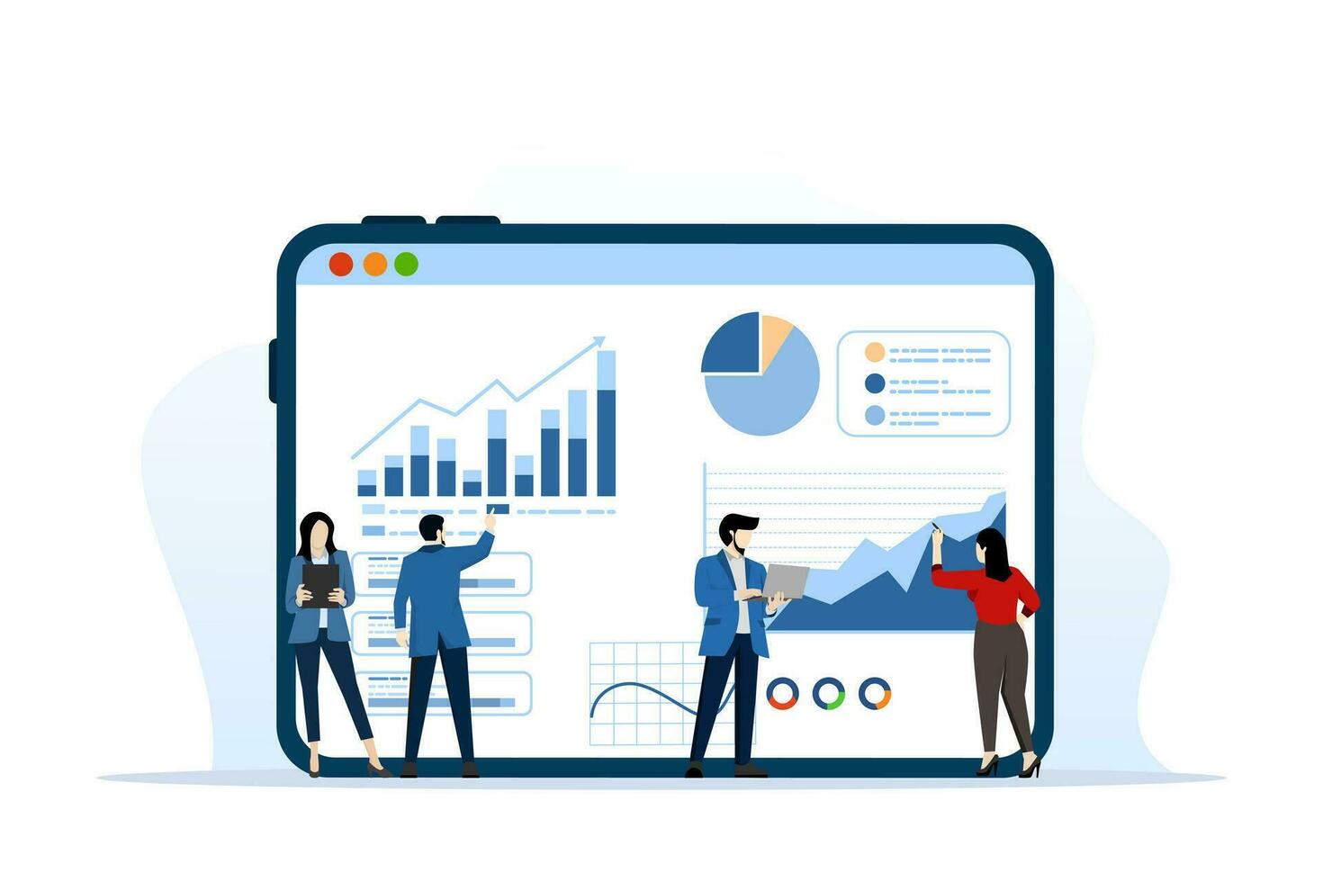 företag team analys och övervakning begrepp på webb Rapportera instrumentbräda övervaka. data analys forskning platt vektor illustration design för företag finansiell planera begrepp, platt vektor illustration.