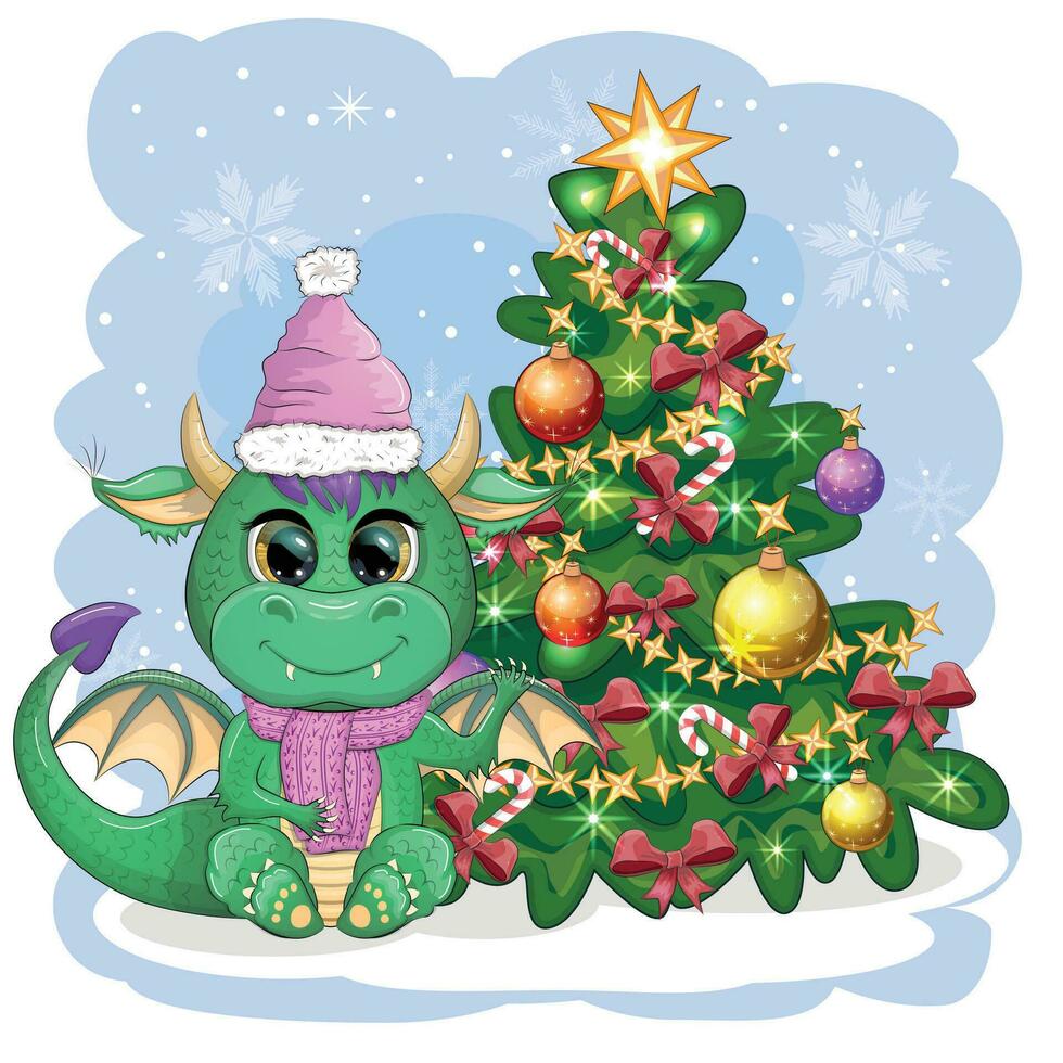 en söt tecknad serie grön drake i en santa hatt innehar en röd gåva och sitter Nästa till de jul träd. 2024 ny år vektor