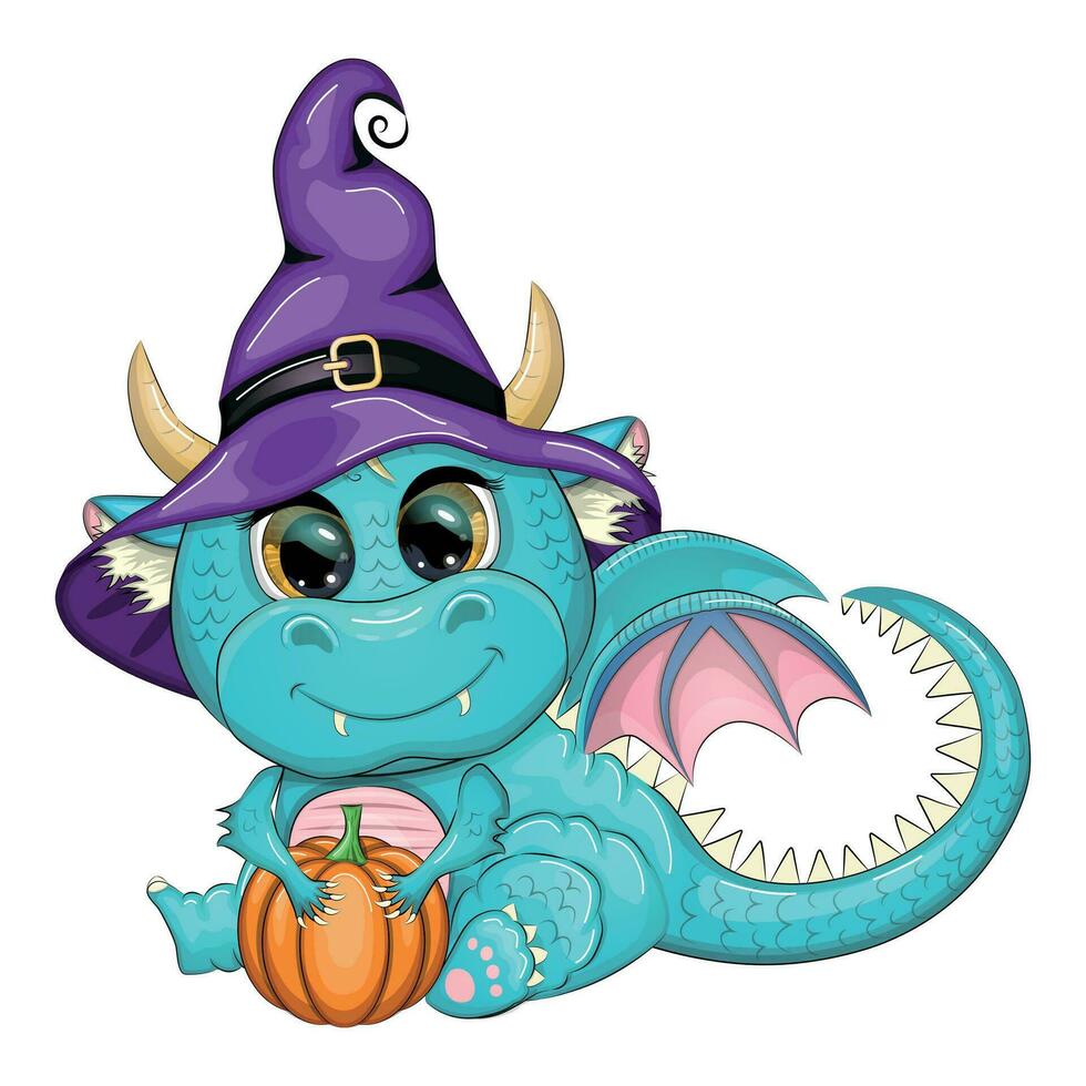 süß Karikatur Grün Drachen im ein lila Magie Hut, Halloween. Kürbis, Trank, Besen. Symbol von 2024 gemäß zu das Chinesisch Kalender vektor