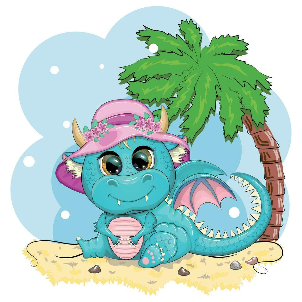 süß Karikatur Grün Baby Drachen im ein Hut auf das Strand im Hawaii. Symbol von 2024 gemäß zu das Chinesisch Kalender vektor