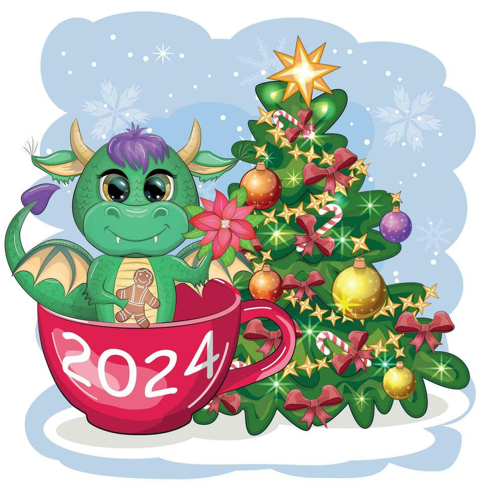 ein süß Karikatur Grün Drachen im ein Santa Hut hält ein rot Geschenk und sitzt Nächster zu das Weihnachten Baum. 2024 Neu Jahr vektor