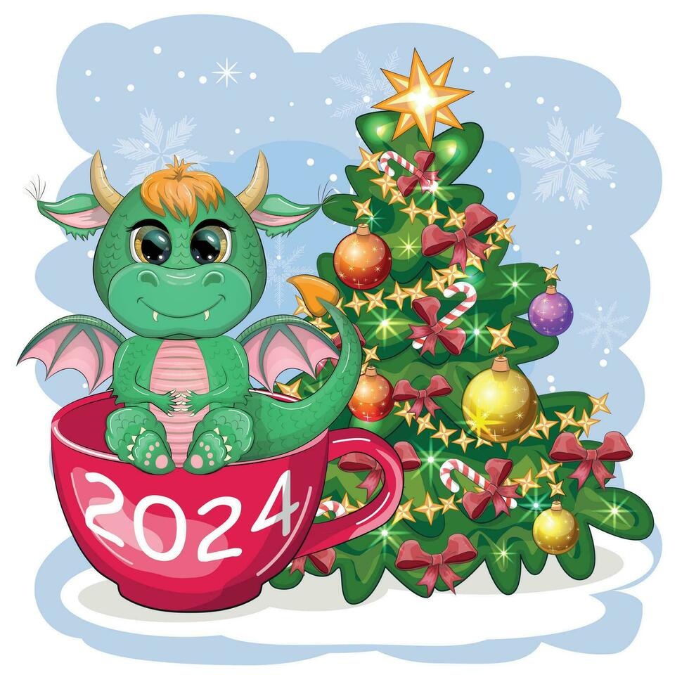 ein süß Karikatur Grün Drachen im ein Santa Hut hält ein rot Geschenk und sitzt Nächster zu das Weihnachten Baum. 2024 Neu Jahr vektor