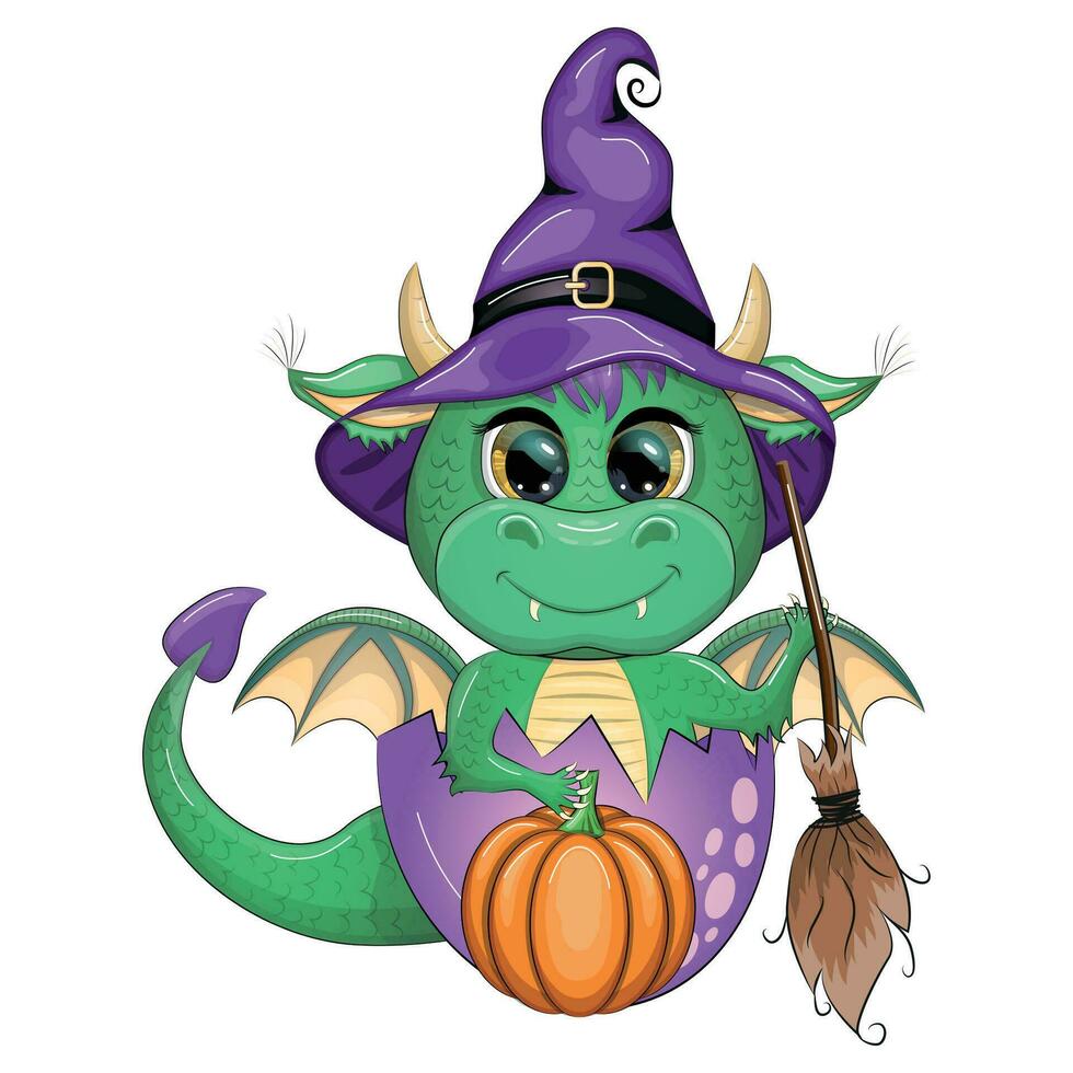 süß Karikatur Grün Drachen im ein lila Magie Hut, Halloween. Kürbis, Trank, Besen. Symbol von 2024 gemäß zu das Chinesisch Kalender vektor