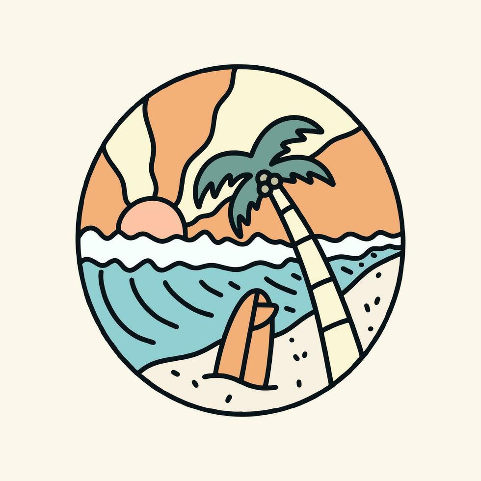 Sommer- Stimmung Vektor Kunst. das Kokosnuss, Surfbrett, und Welle Mono Linie Design
