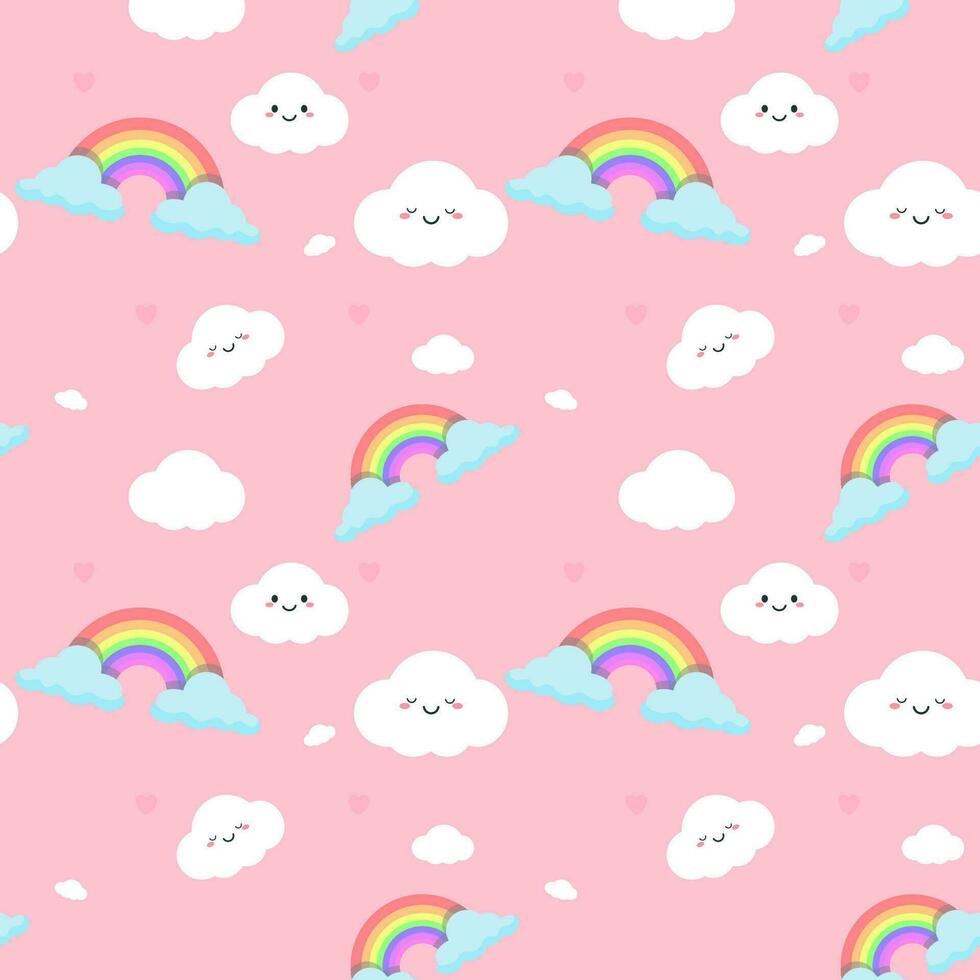 regnbågar och moln söt sömlös mönster dekorera små hjärtan i pastell rosa bakgrund vektor