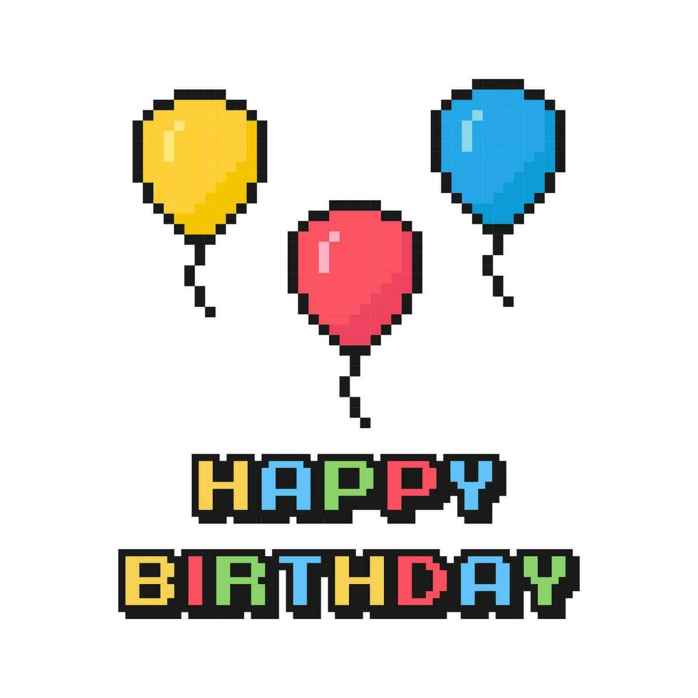 glücklich Geburtstag Karte, Pixel Kunst Postkarte, 80er Jahre 90er Jahre alt Arkade Spiel Stil, Nostalgie, Luftballons, Vektor Illustration