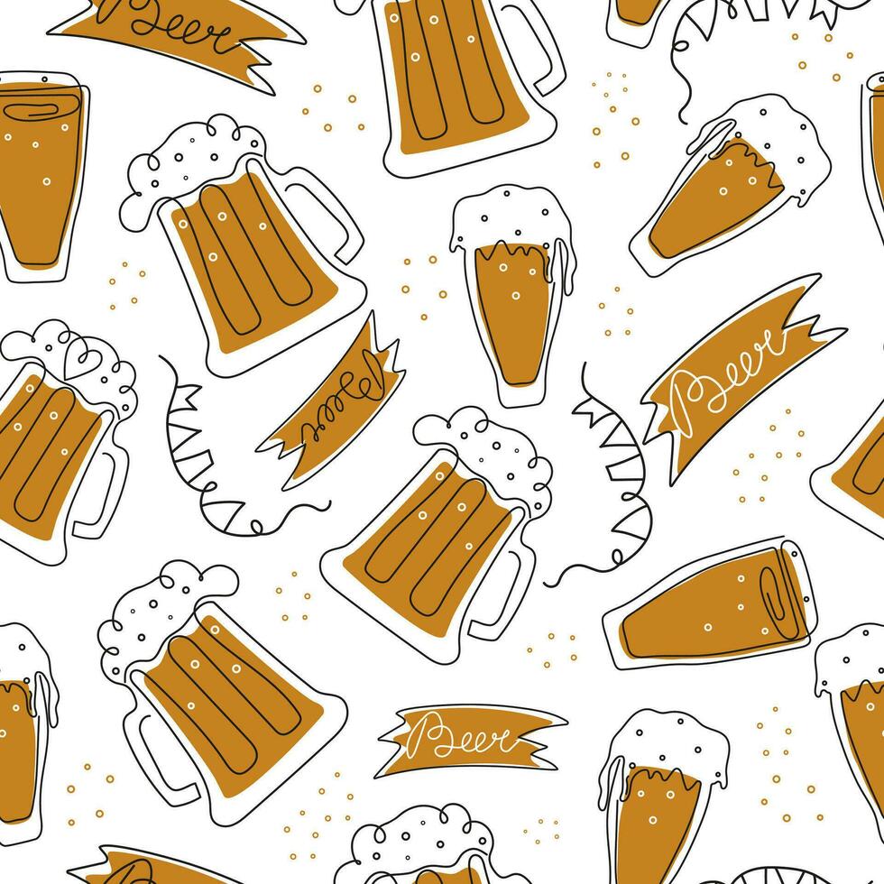 Bier Tag, Festival, Urlaub. Muster von Bier Tassen im Linie Kunst Stil. hölzern Zeichen mit Beschriftung. Kalligraphie, Gliederung Zeichnung. Oktoberfest, Oktober. Vektor Illustration, Hintergrund isoliert.