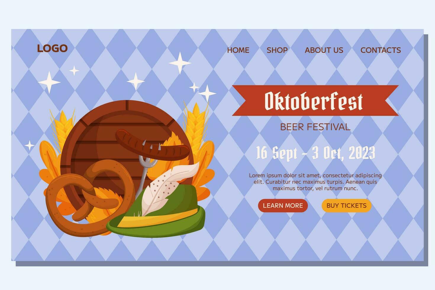 oktoberfest tysk öl festival landning mall design. design med tyrolean hatt, gaffel med grillad korv, pretzel, trä- tunna, vete och löv. ljus blå romb mönster vektor