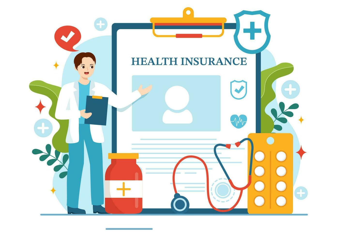 hälsa försäkring vektor illustration med medicinsk dokumentera form för sjukvård skydd service i platt tecknad serie hand dragen bakgrund mallar