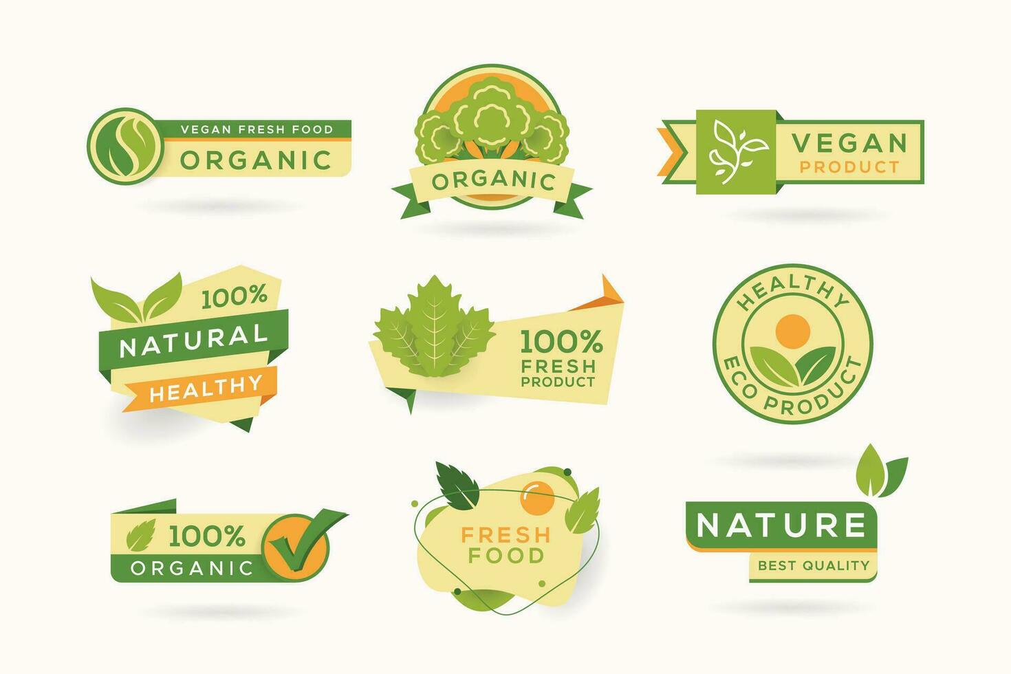 färsk grön löv samling av natur, organisk etiketter och emblem i papper skära design. vektor