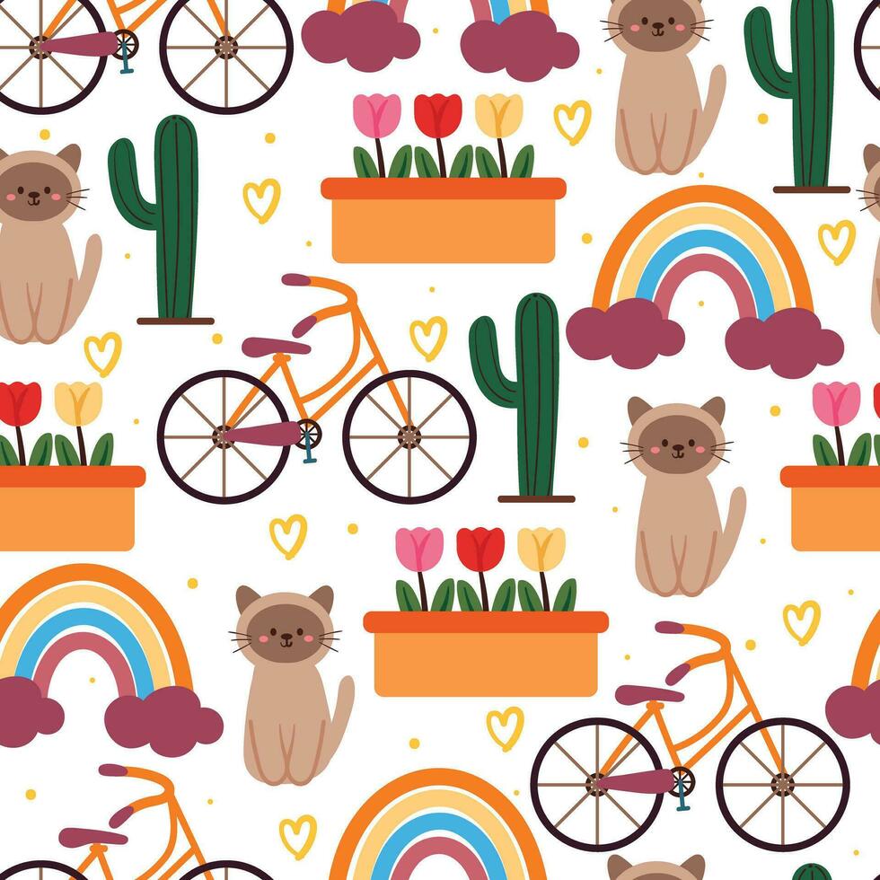 nahtlos Muster Karikatur Katze, Fahrrad, Regenbogen und Pflanze. süß Tier Hintergrund vektor