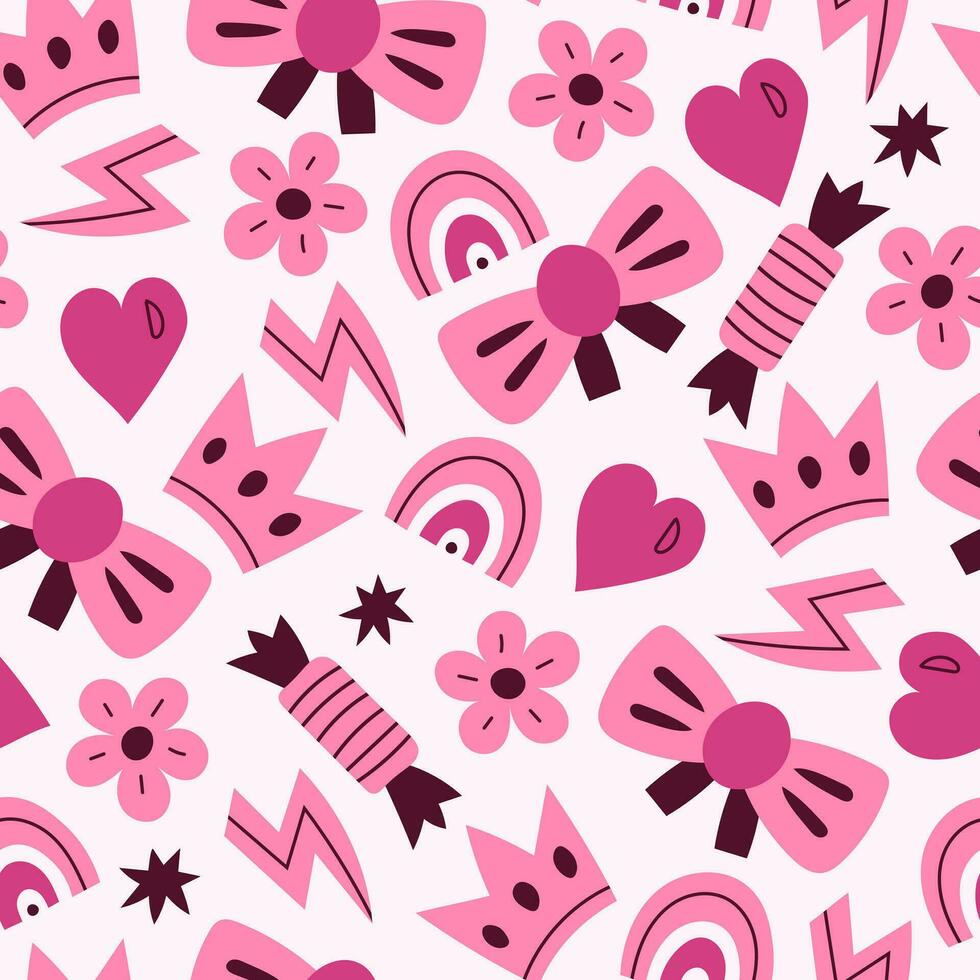 rosa flickaktiga sömlös mönster med märken vektor