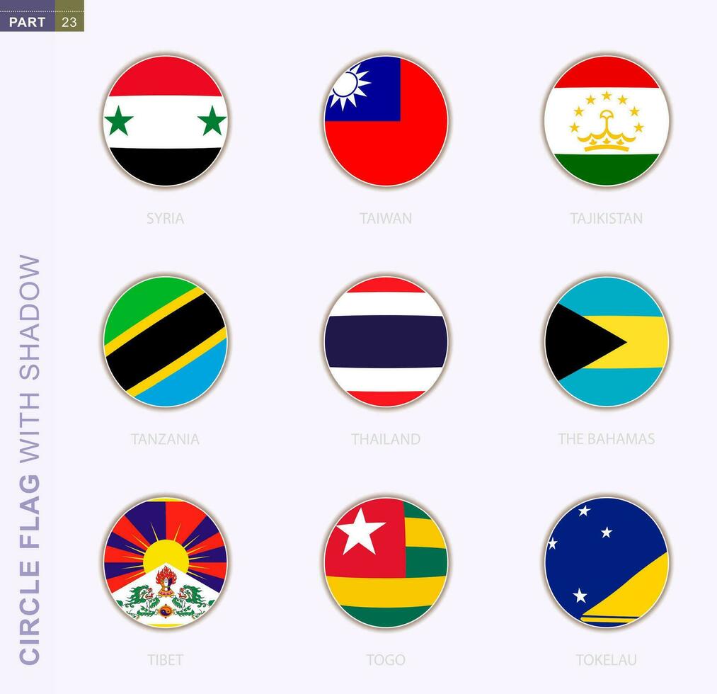 Kreis Flagge mit Schatten, Sammlung von neun runden Flagge. Vektor Flaggen von 9 Länder.