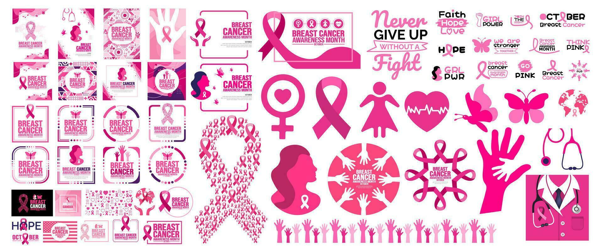 stor mega bunt uppsättning av bröst cancer medvetenhet månad element. social media posta, typografi, band, kvinnor, flicka, värld Karta, fjäril, använda sig av till bakgrund, bok omslag, baner, plakat, kort, affisch vektor