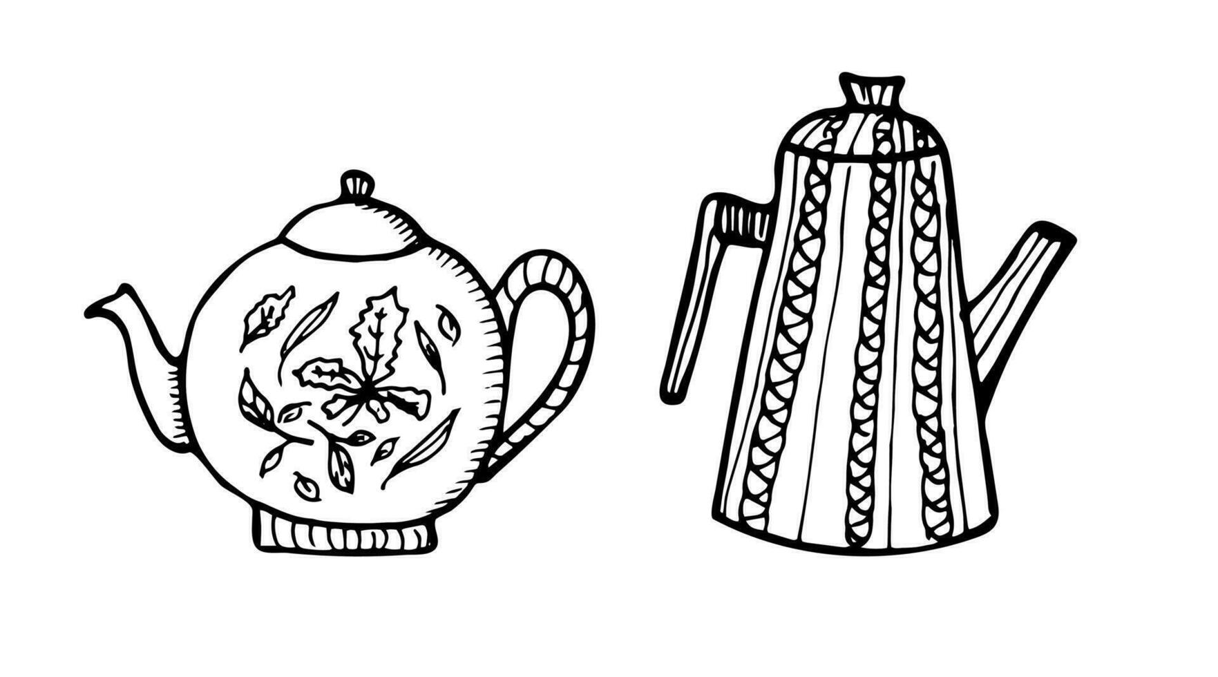Hand gezeichnet Teekannen Satz. Gekritzel Stil Teekannen und Kaffee Wasserkocher isoliert auf Weiß Hintergrund. Vektor Illustration auf Tee Zeit Symbole zum Cafe und Restaurant Speisekarte Design.