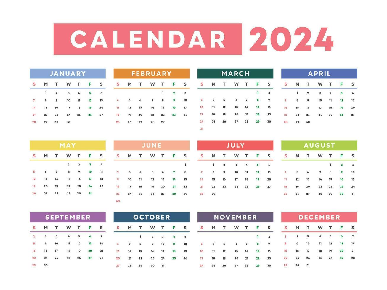 eben 2024 bunt Kalender Vorlage vektor