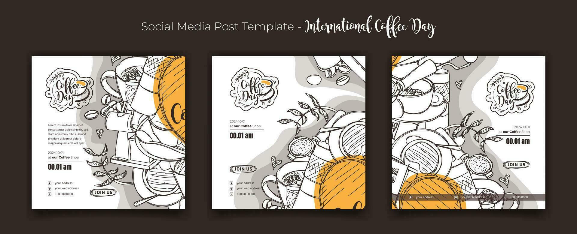 uppsättning av social media posta mall med tecknad serie skiss av kaffe design för värld kaffe dag kampanj vektor