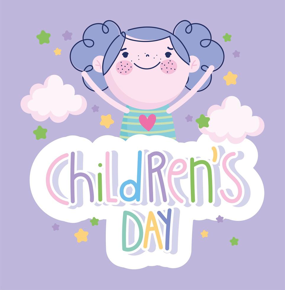 Kindertag, Cartoon des kleinen Mädchens und farbiger Schriftzug vektor