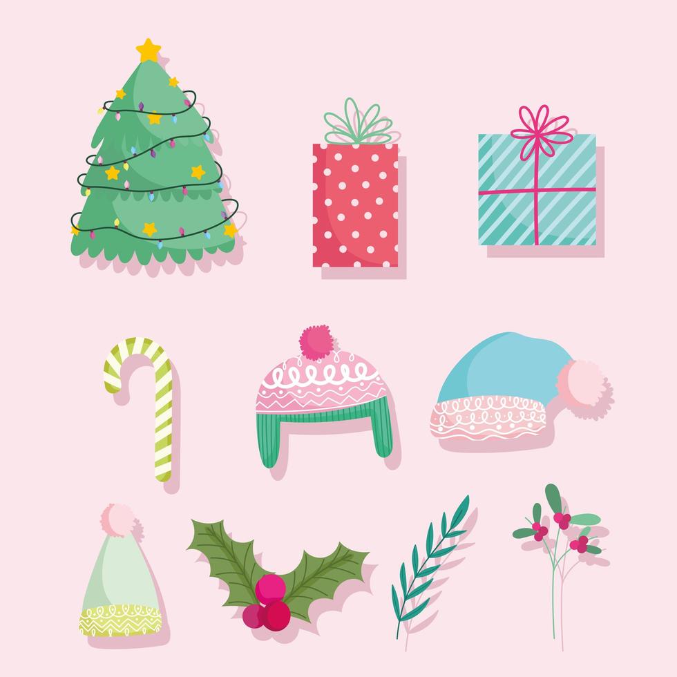 god jul, söta tecknade trädgåvor godis sockerrör varma hattar och järnek bär ikoner vektor