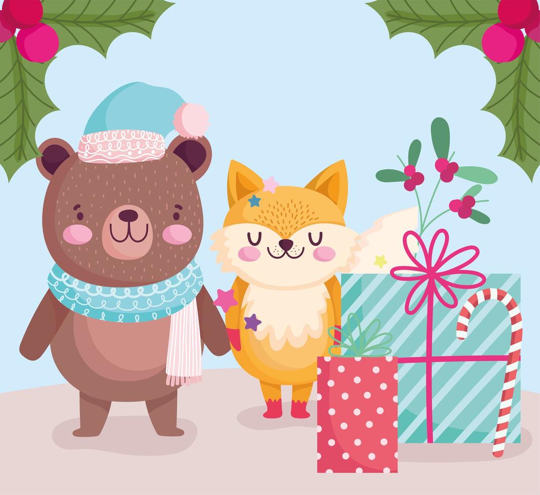 Frohe Weihnachten, süßer Bär und Fuchs mit Geschenken und Zuckerstangenkarikatur can vektor