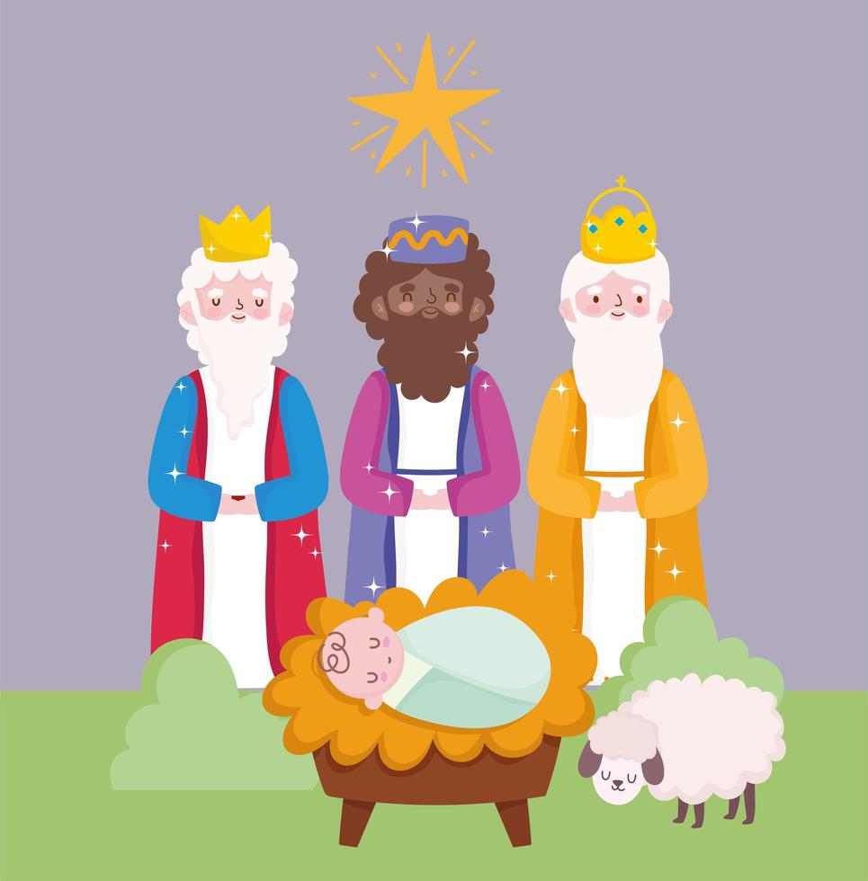 nativity, krubba söt baby jesus och tre kloka kungar tecknad vektor