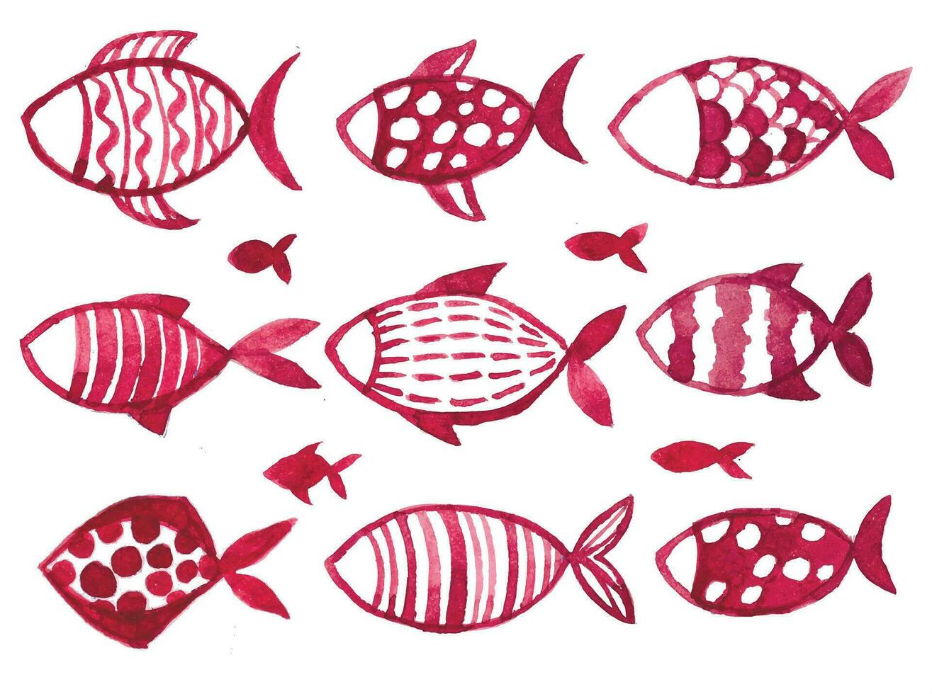 vattenfärg uppsättning med fisk. barns enkel teckning röd fisk på en vit bakgrund. klotter vektor
