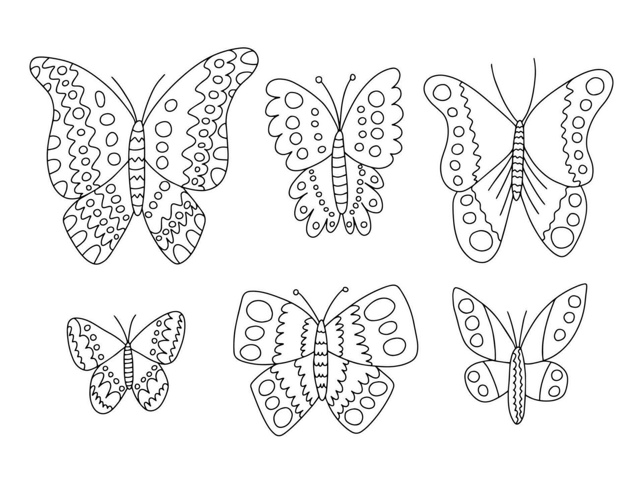 anders Arten Schmetterlinge Vektor Hand gezeichnet Satz. schwarz und Weiß Schmetterlinge Gekritzel Satz. Kohl, Pfau Schmetterling und lila Kaiser
