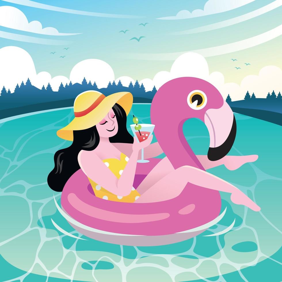 kvinna tycker om att dricka cocktail på flamingo float vektor