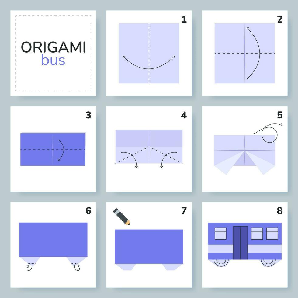 Bus Origami planen Lernprogramm ziehen um Modell. Origami zum Kinder. Schritt durch Schritt Wie zu machen ein süß Origami Wagen. Vektor Illustration.