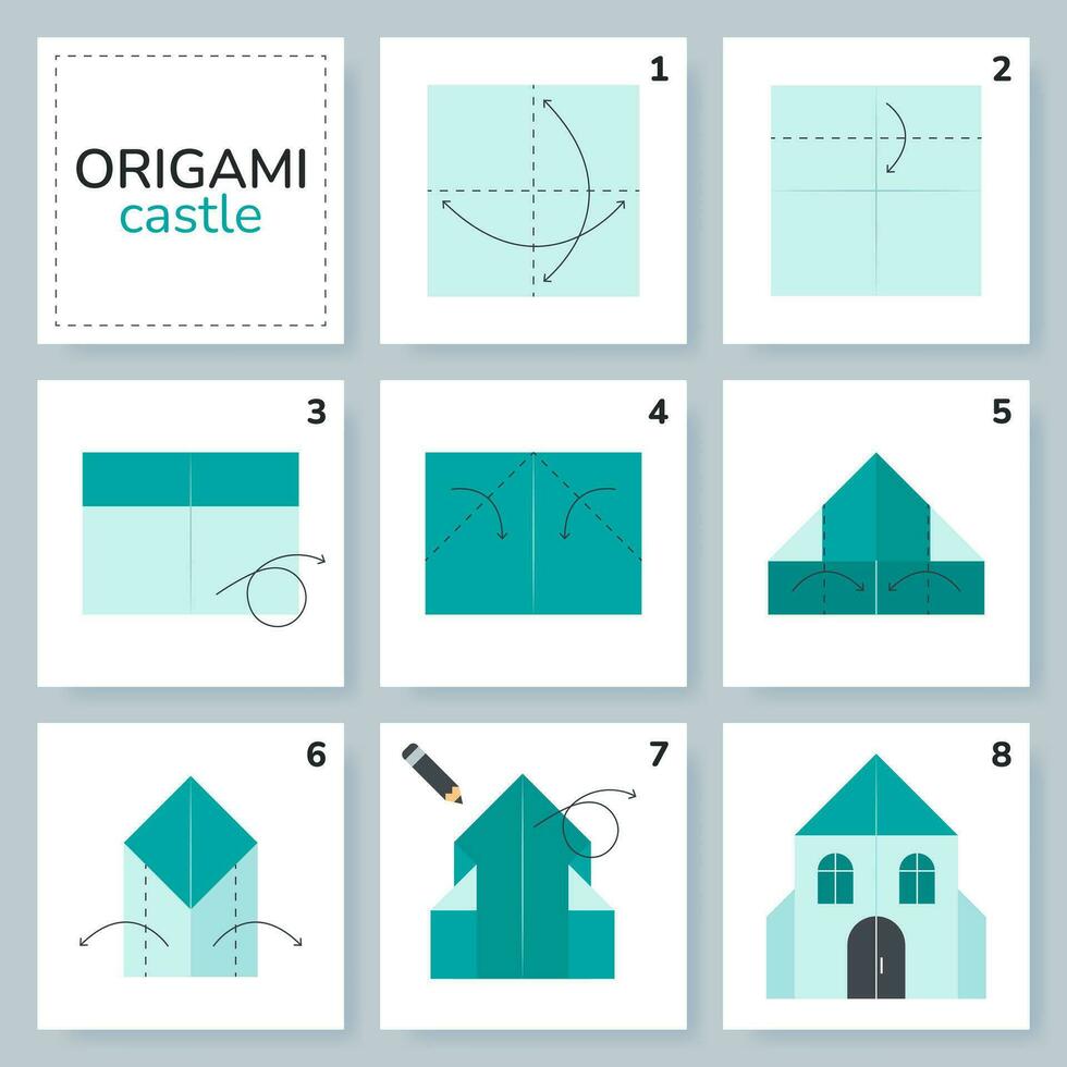 hus origami schema handledning rör på sig modell. origami för ungar. steg förbi steg på vilket sätt till göra en söt origami hus. vektor illustration.