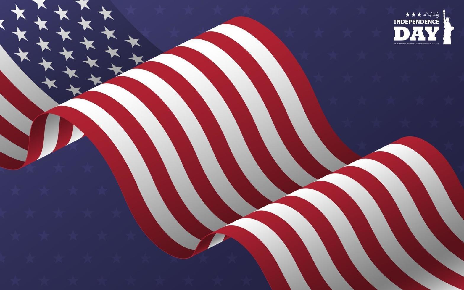 4. Juli glücklicher Unabhängigkeitstag von Amerika Hintergrund. Freiheitsstatue flaches Silhouettendesign mit Text und wehender amerikanischer Flagge schräg auf blauer Sterntextur. Vektor