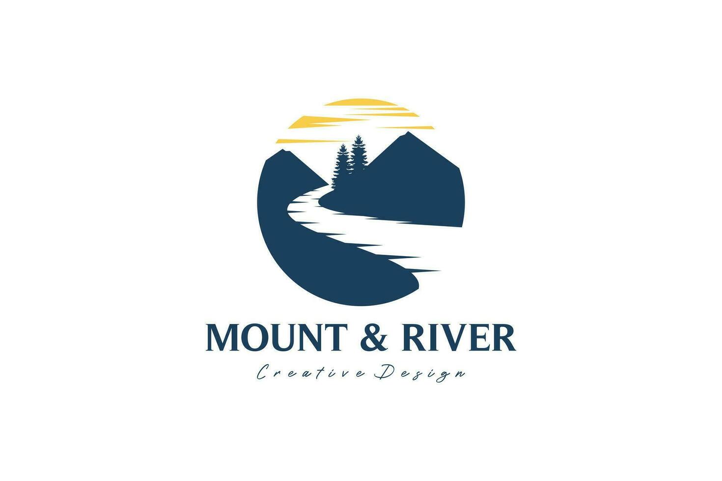 vektor silhuett av bergen med flod logotyp illustration design, flod och berg logotyp i panorama- cirkel