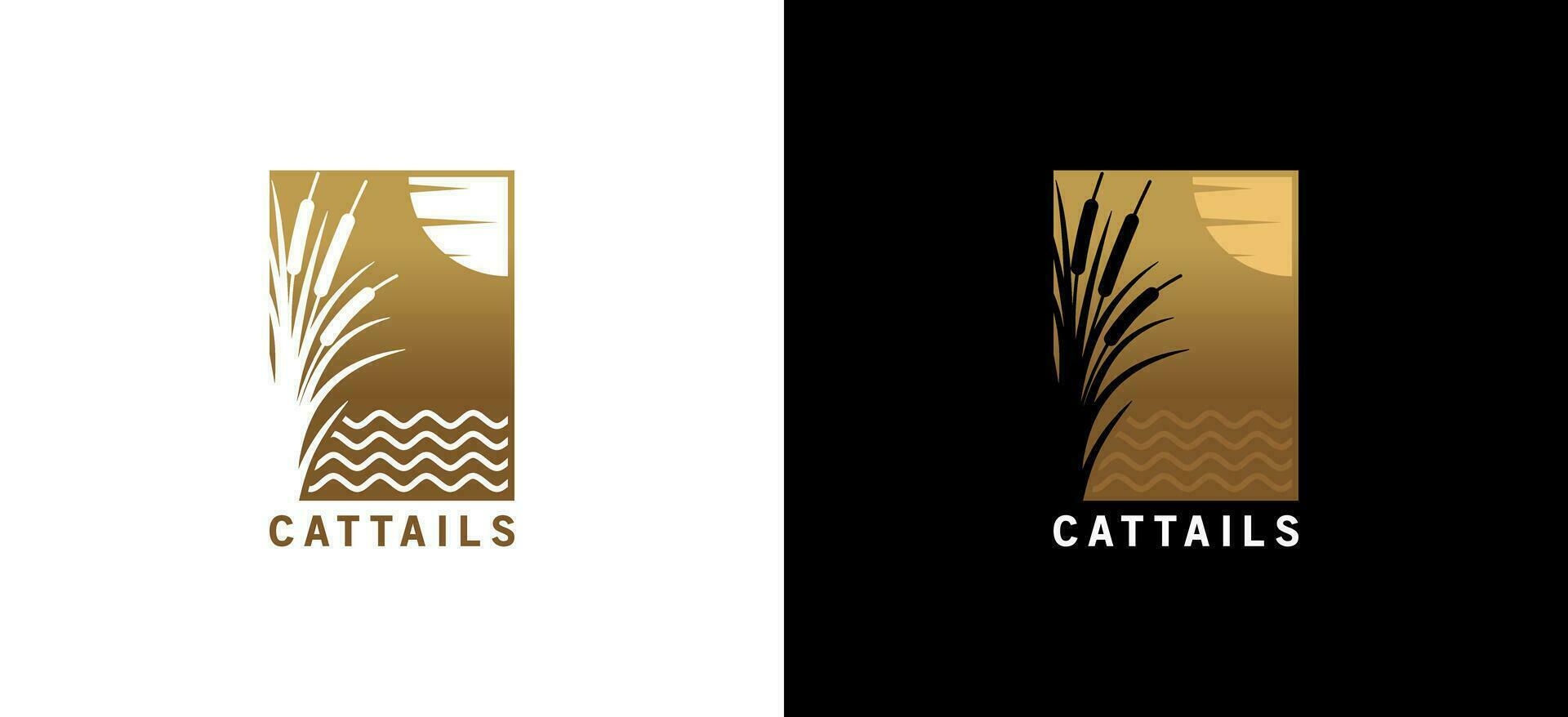 cattail logotyp design i silhuett med hav vågor bakgrund vektor