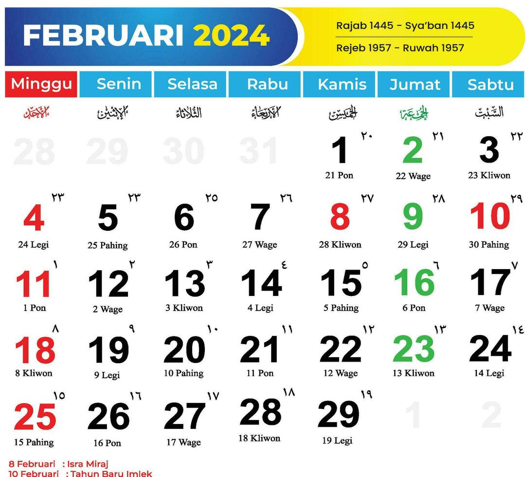 Kalender Februar 2024 mit javanisch und Hijri Termine vektor