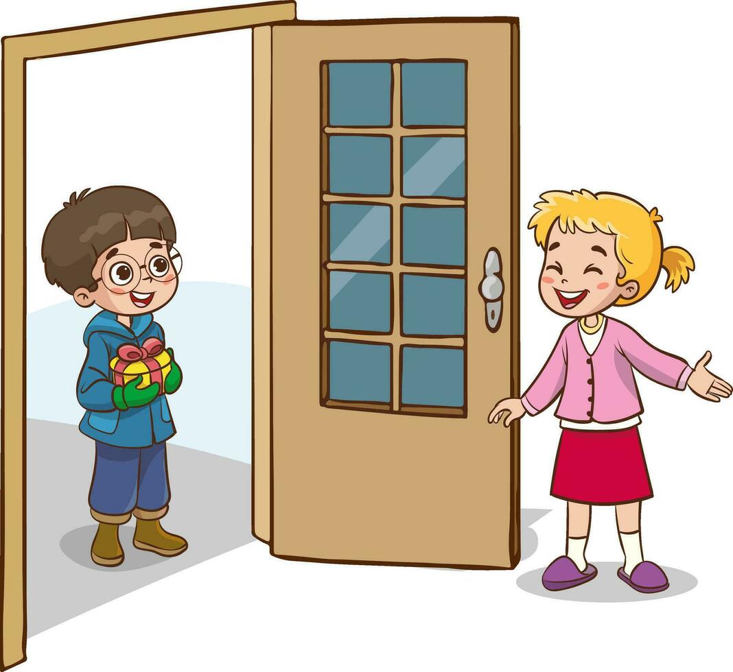 Vektor Illustration von Mädchen Begrüßung ihr Freund beim das Tür