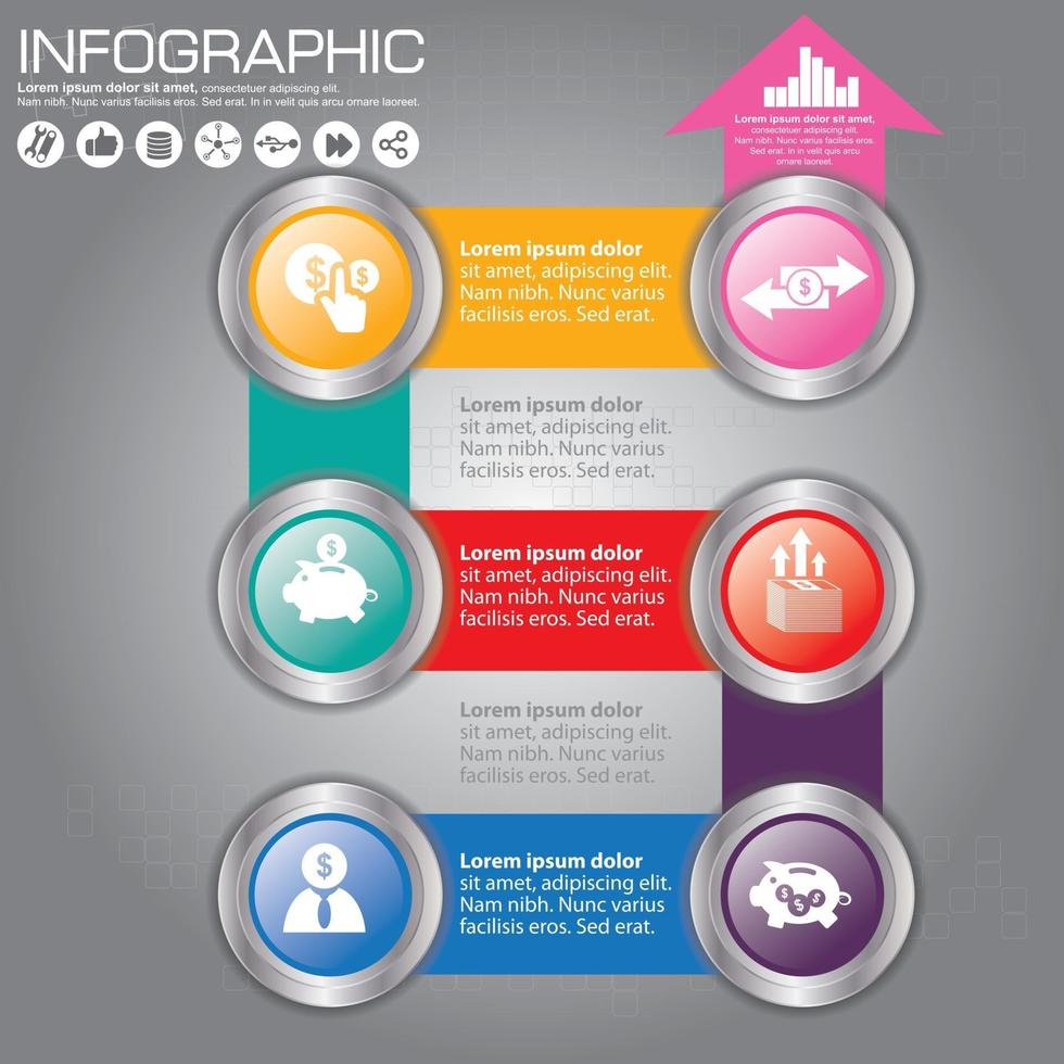 Infografik Designvorlage und Geschäftskonzept mit 6 Optionen, Teilen, Schritten oder Prozessen. Kann für Workflow-Layout, Diagramm, Nummernoptionen und Webdesign verwendet werden. vektor