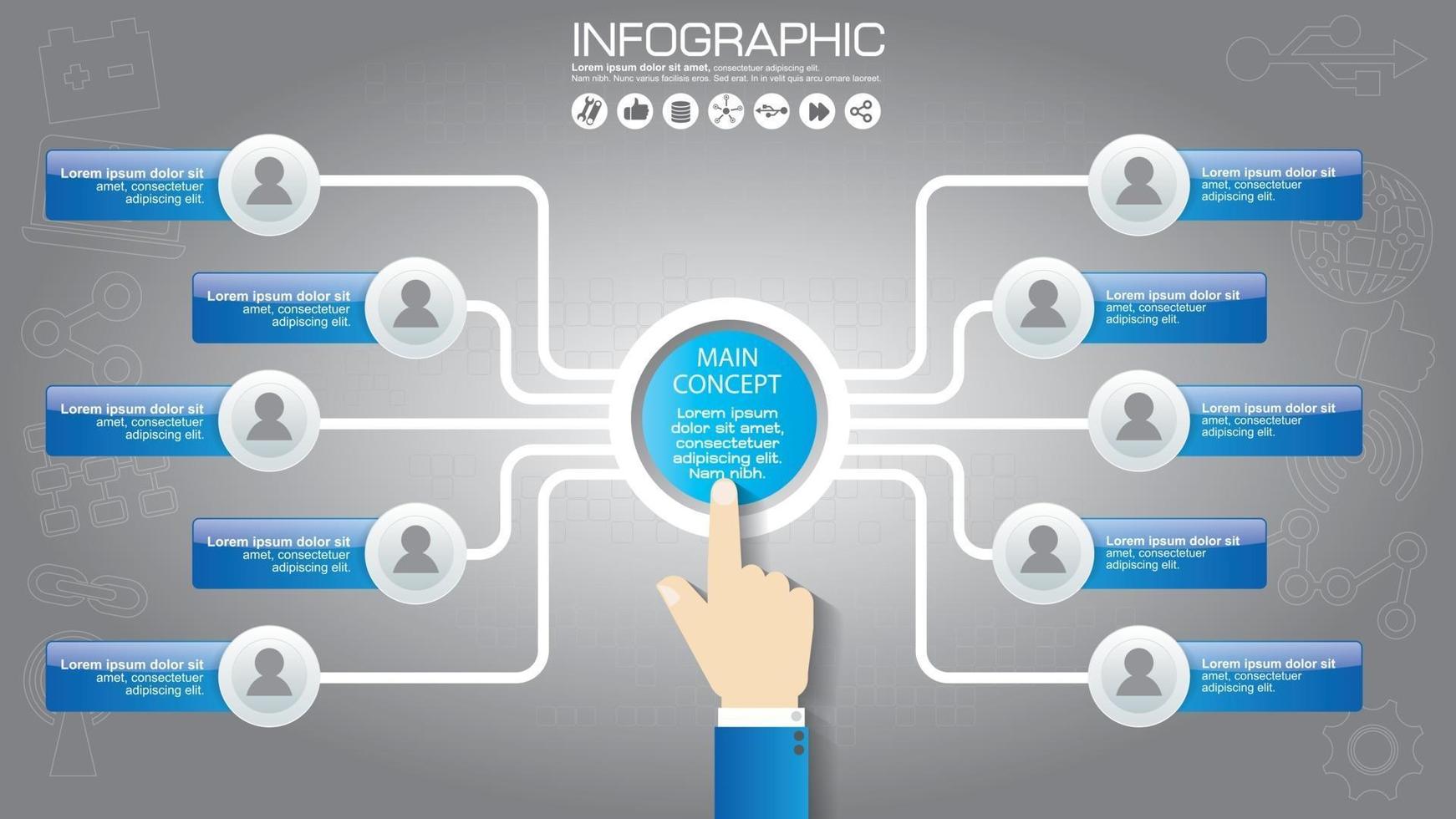 Teil des Berichts mit Logo und Symbolen. Geschäftskonzept mit fünf Optionen. Vektor-Infografik von Technologie oder Bildungsprozess. Webvorlage eines Pyramidendiagramms, Diagramms oder einer Präsentation. vektor