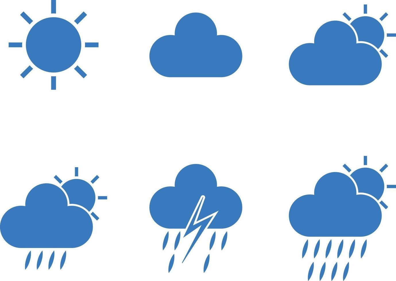 sol, soligt, moln, molnigt, regn, regnigt, åska, stormväderbytesikoner i blå färg på vit bakgrund vektor