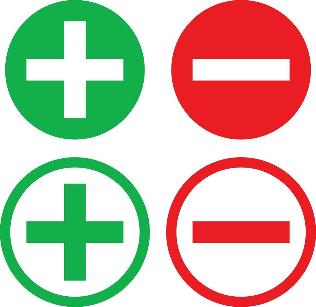 Symbole für positive und negative Vorzeichen in grüner und roter Farbe für Füllung und Umriss vektor