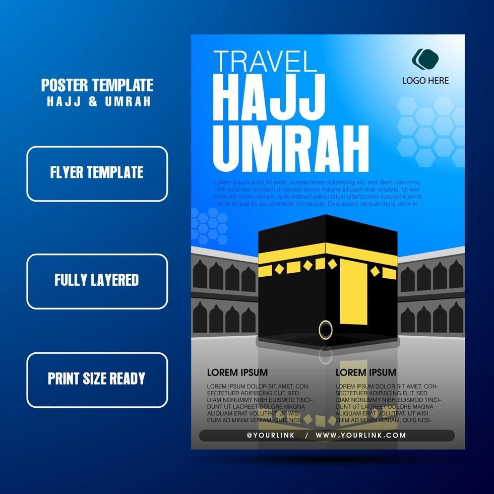 Hadsch und Umrah Flyer Vorlage mit blauem Himmelshintergrund und Kaba Realistis vektor