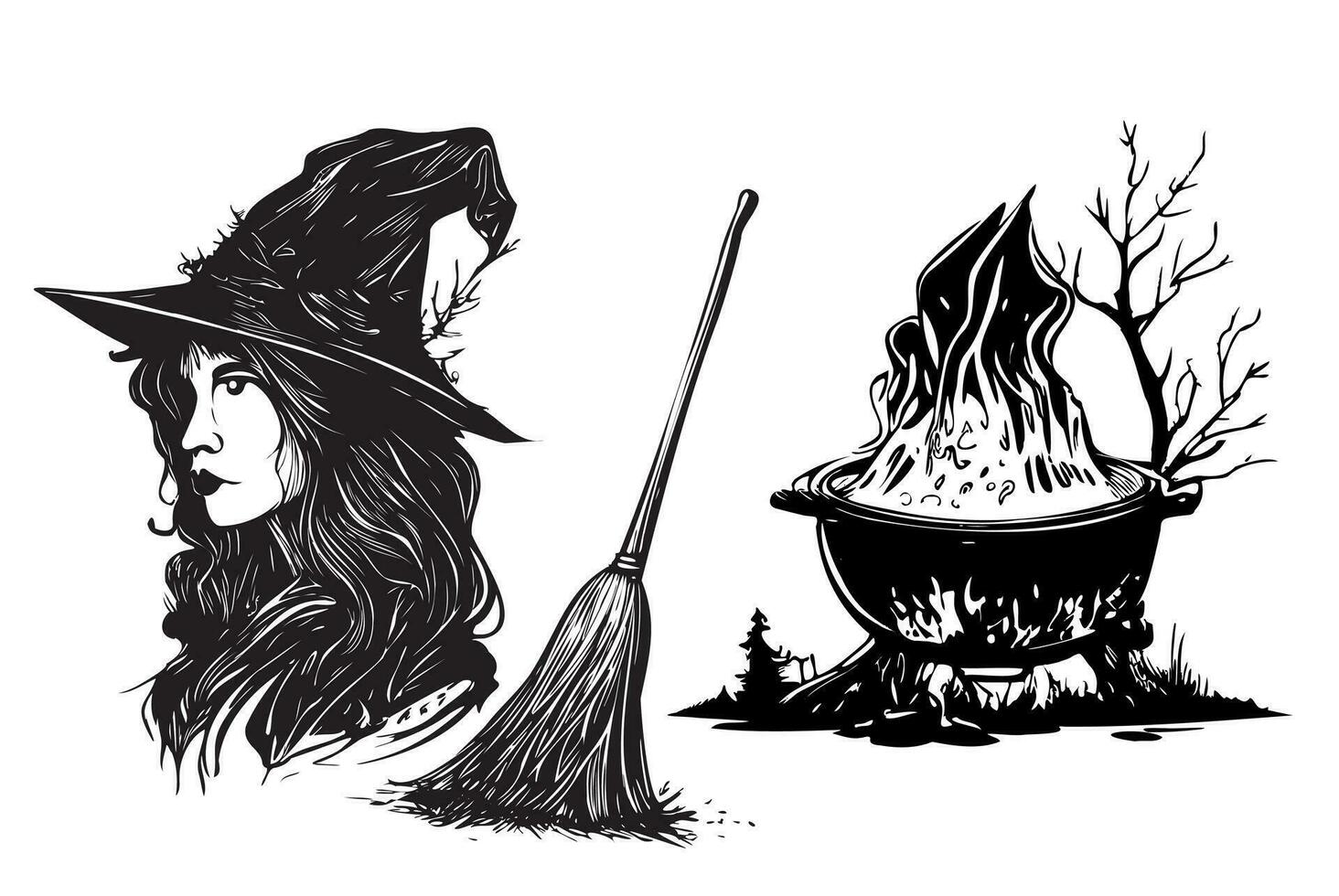 Hexe mit Besen und vat zum Trank Halloween einstellen skizzieren Hand gezeichnet Vektor Illustration